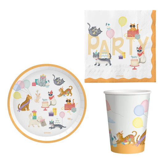 Set Vajilla Gatitos: Platos 6 uds, Servilletas 20 uds y Vasos 10 uds