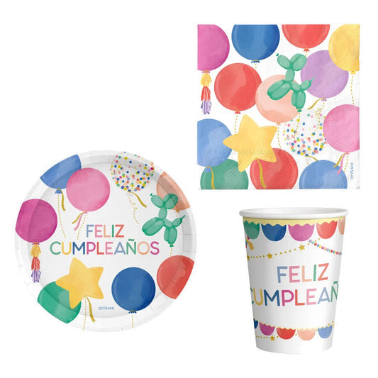 Set Vajilla Globos Feliz Cumpleaños: Platos 6 uds, Servilletas 20 uds y Vasos 10 uds