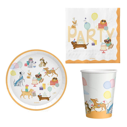 Set Vajilla Perritos: Platos 6 uds, Servilletas 20 uds y Vasos 10 uds