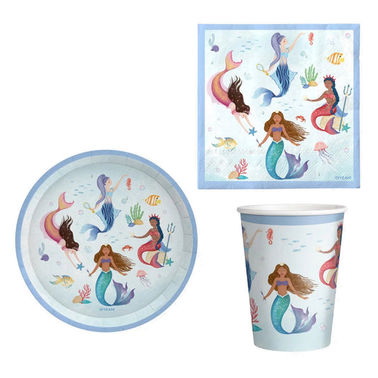 Set Vajilla Sirenas: Platos 6 uds, Servilletas 20 uds y Vasos 10 uds