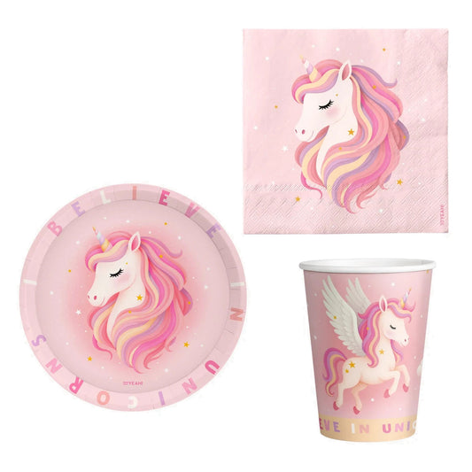 Set Vajilla Unicornio: Platos 6 uds, Servilletas 20 uds y Vasos 10 uds