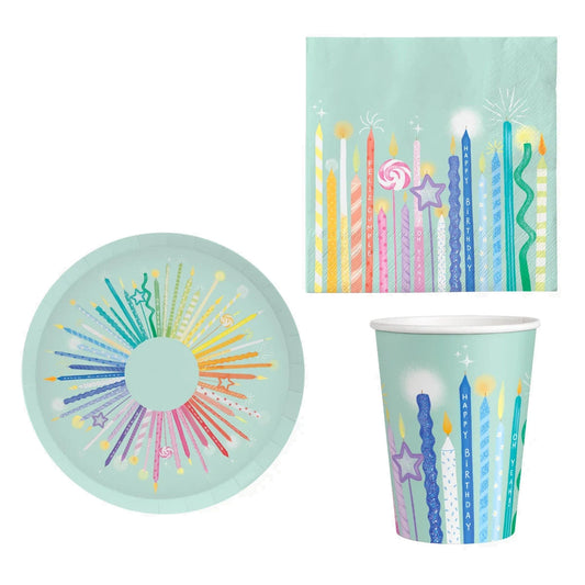 Set Vajilla Velas de Cumpleaños: Platos 6 uds, Servilletas 20 uds y Vasos 10 uds