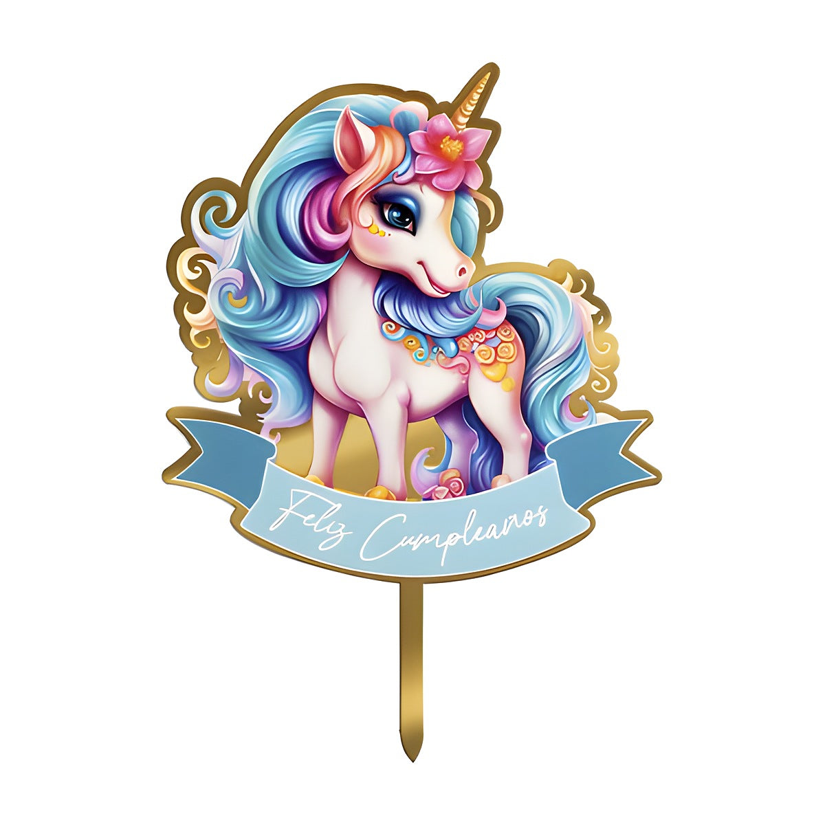Topper Feliz Cumpleaños Unicornio Pelo Azul