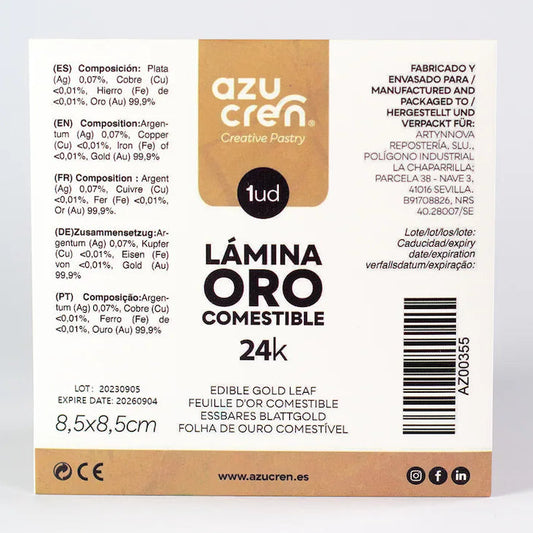 Lámina de Oro Comestible 24K Azucren – 8x8 cm