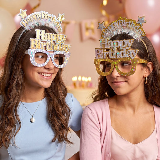 Set Diadema y Gafas Happy Birthday Holográfico Oro y Plata 2 uds