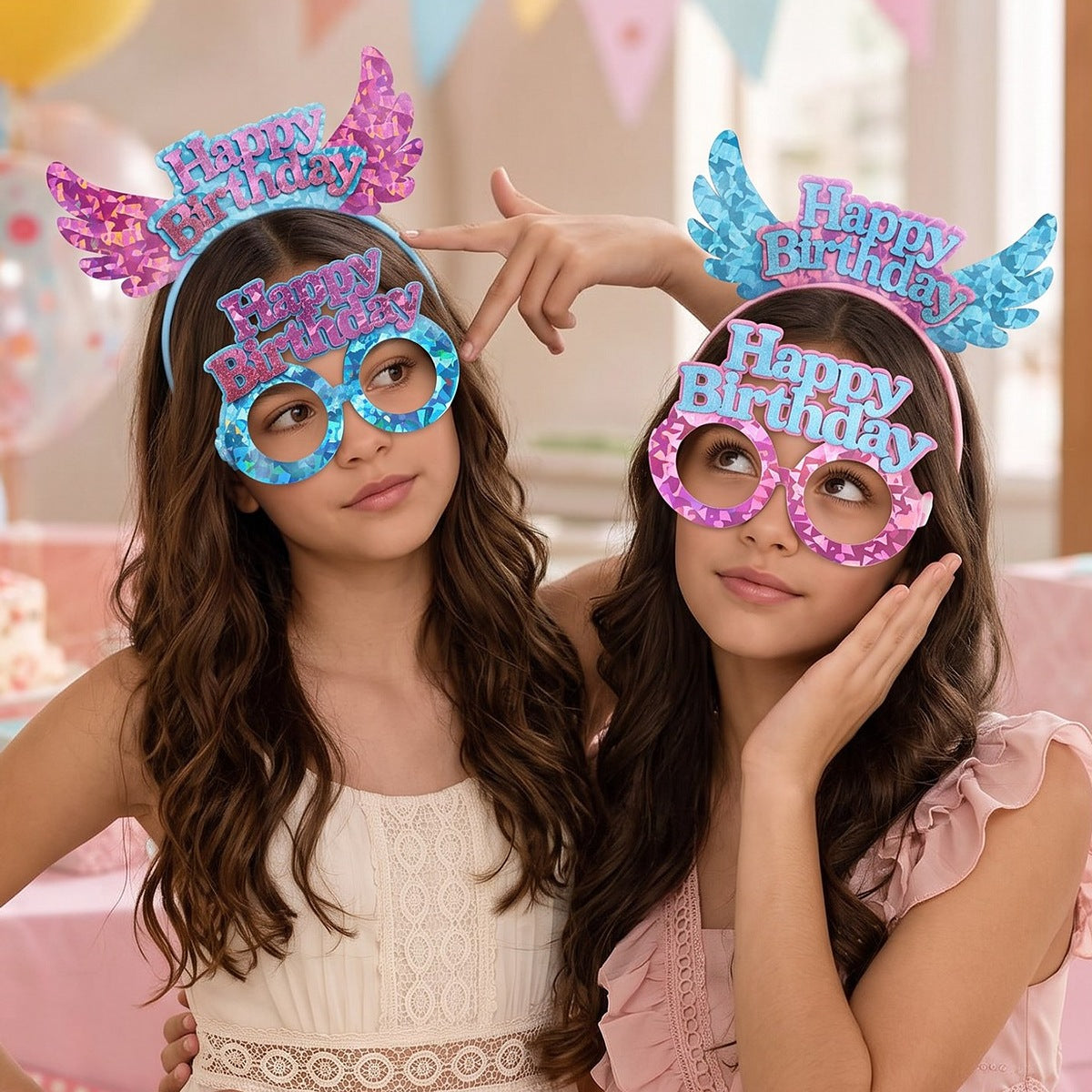 Set Diadema con Alas y Gafas Happy Birthday Holográfico Rosa y Azul 2 uds