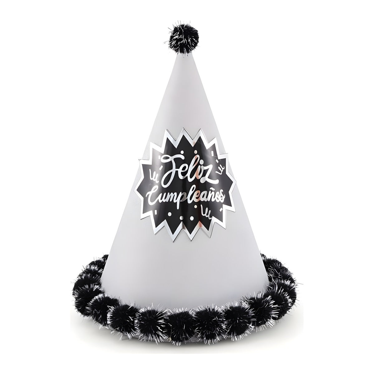 Gorro de Fiesta Feliz Cumpleaños Plata Glitter con Pompones Negros 19 x 25 cm