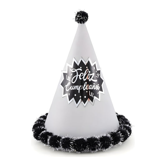 Gorro de Fiesta Feliz Cumpleaños Plata Glitter con Pompones Negros 19 x 25 cm