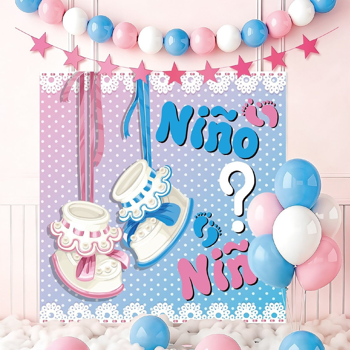 Set Decorativo Revelación de Género ¿Niño o Niña? con Photocall 68 x 68 cm