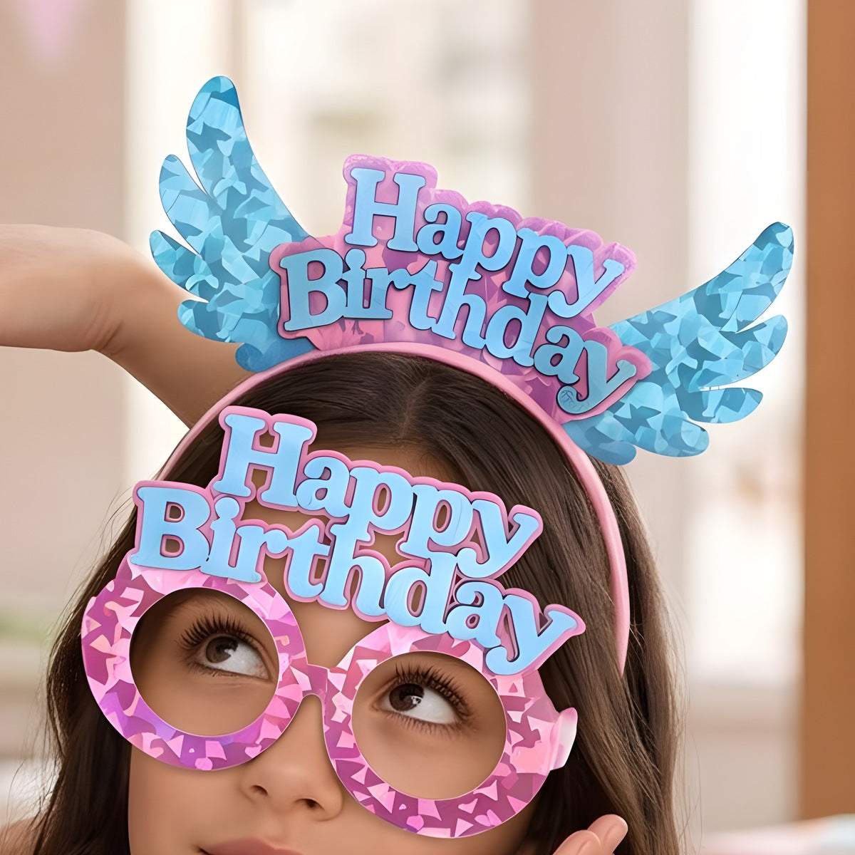 Set Diadema con Alas y Gafas Happy Birthday Holográfico 2 piezas Azul