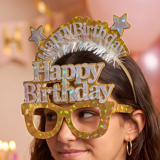 Set Diadema y Gafas Happy Birthday Holográfico 2 piezas Oro