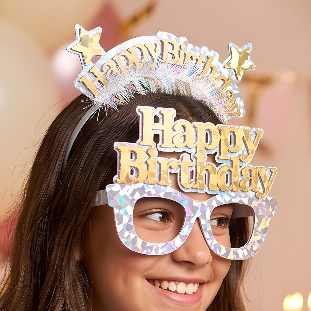Set Diadema y Gafas Happy Birthday Holográfico 2 piezas Plata