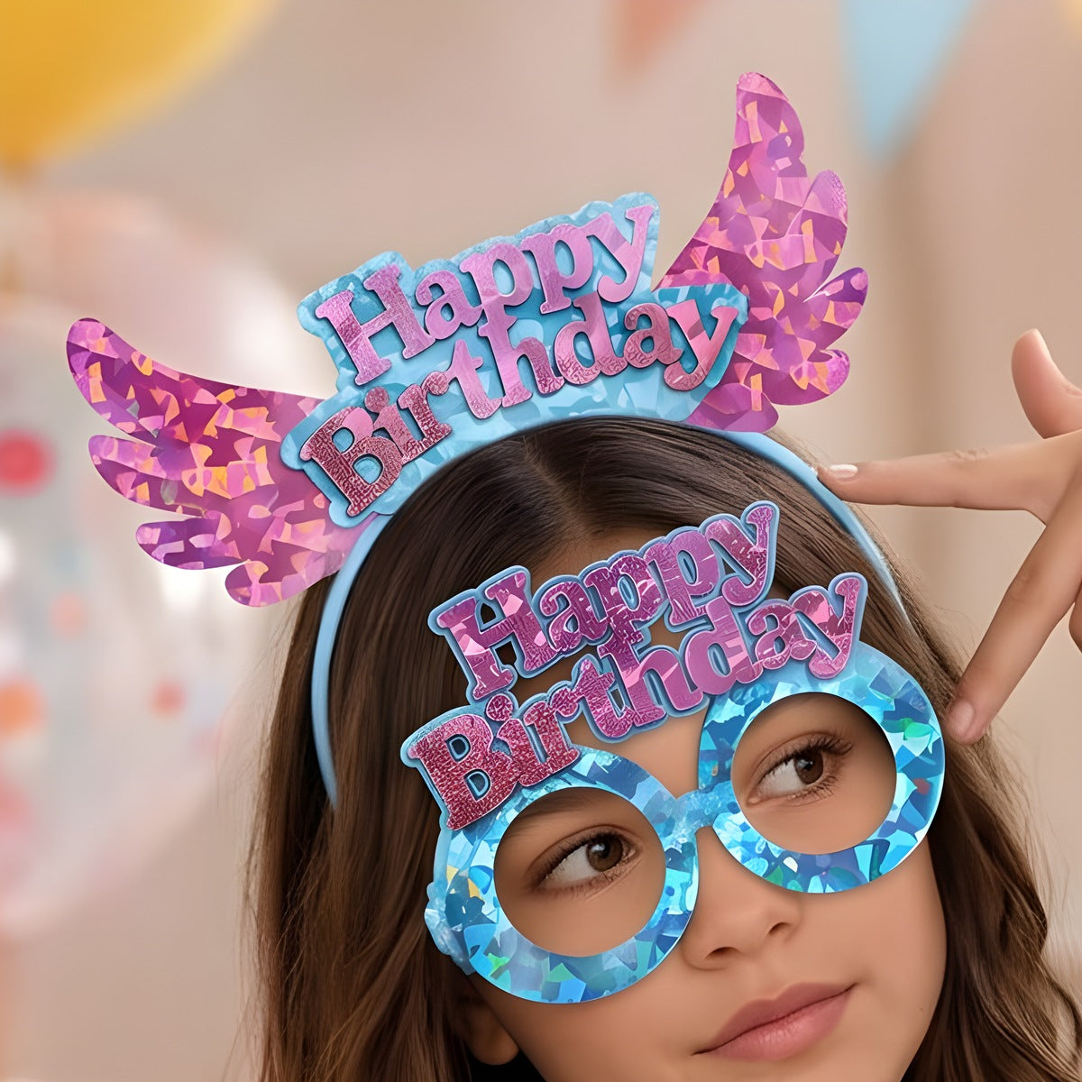 Set Diadema con Alas y Gafas Happy Birthday Holográfico 2 piezas Rosa