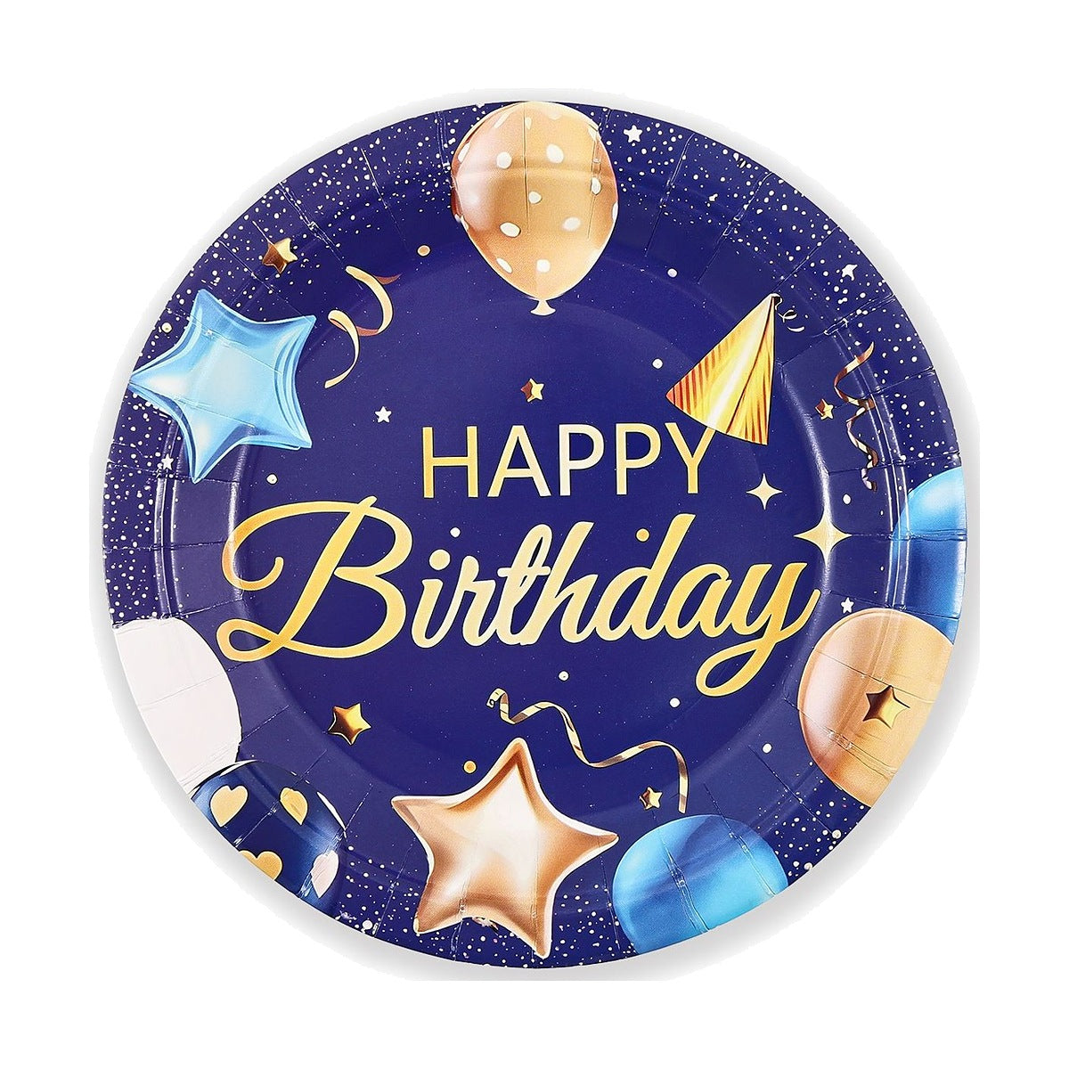 Platos Cartón Happy Birthday Azul Marino y Oro 6 uds - 18cm y 23cm 23CM