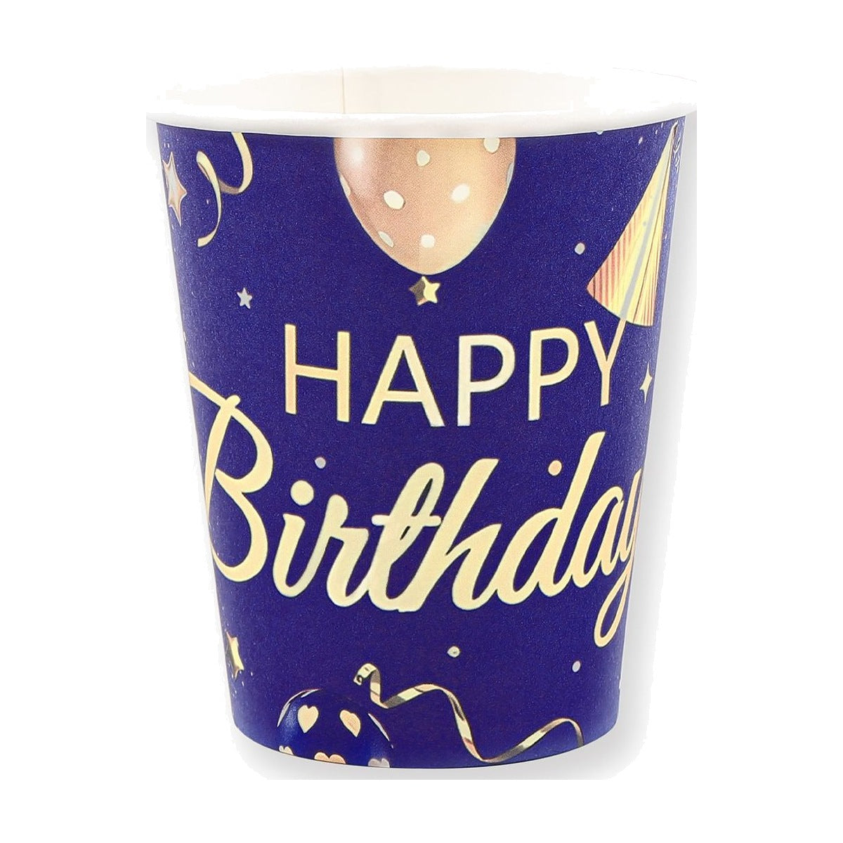 Vasos Cartón Happy Birthday Azul Marino y Oro 250ml 12 uds
