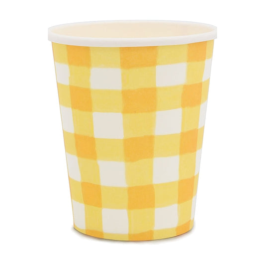 Vasos Cartón Cuadros Vichy Amarillo 250ml 12 uds