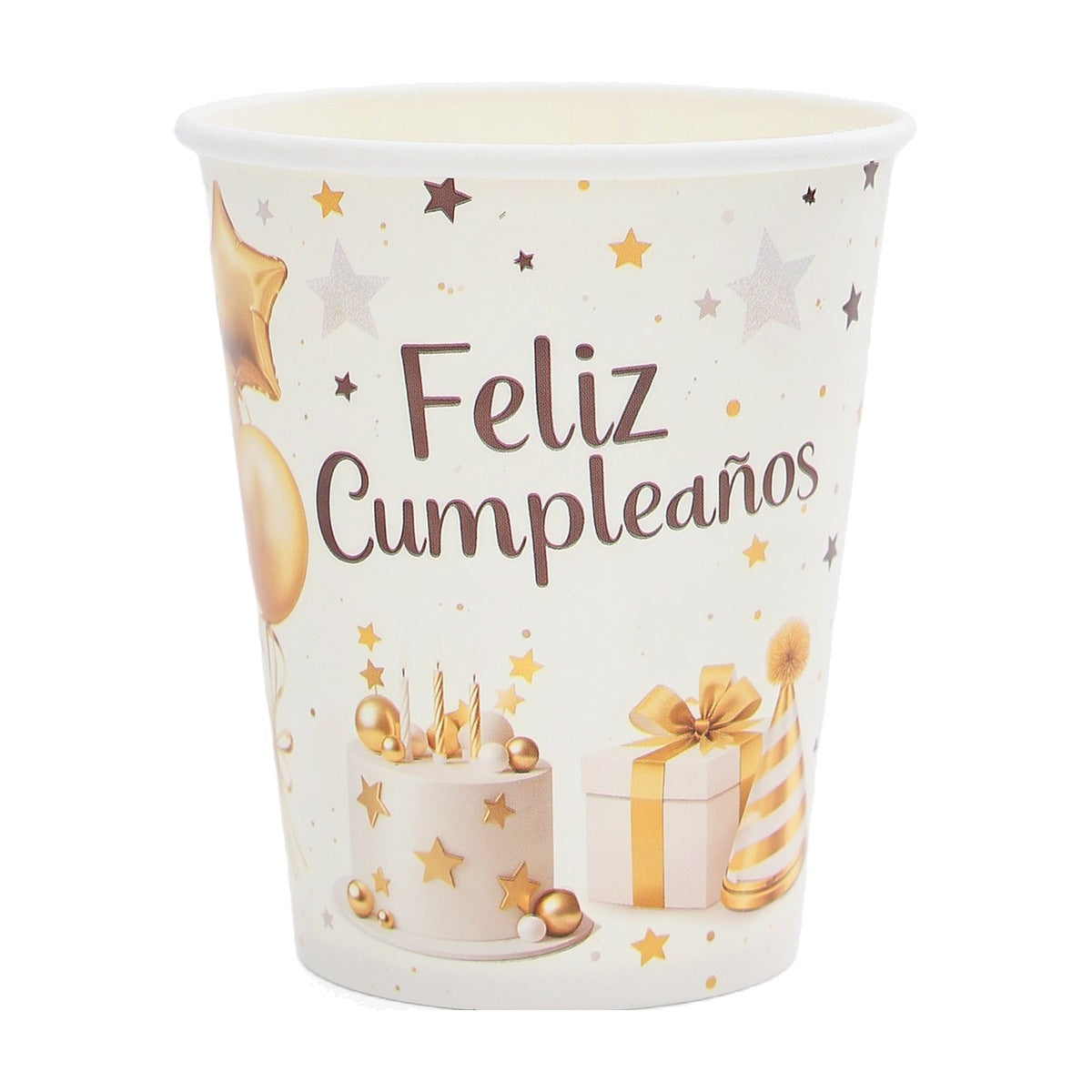 Vasos Cartón Feliz Cumpleaños Dorado 250ml 12 uds