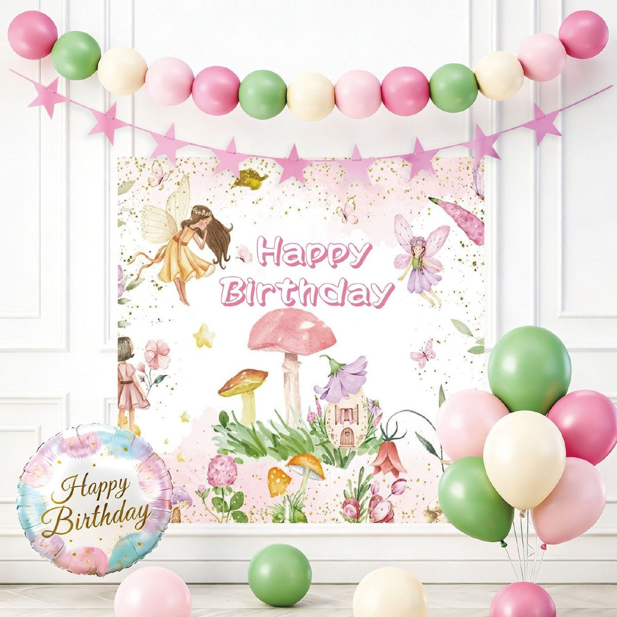 Set Decoración Happy Birthday Hadas con Póster 68 x 68 cm 26 piezas