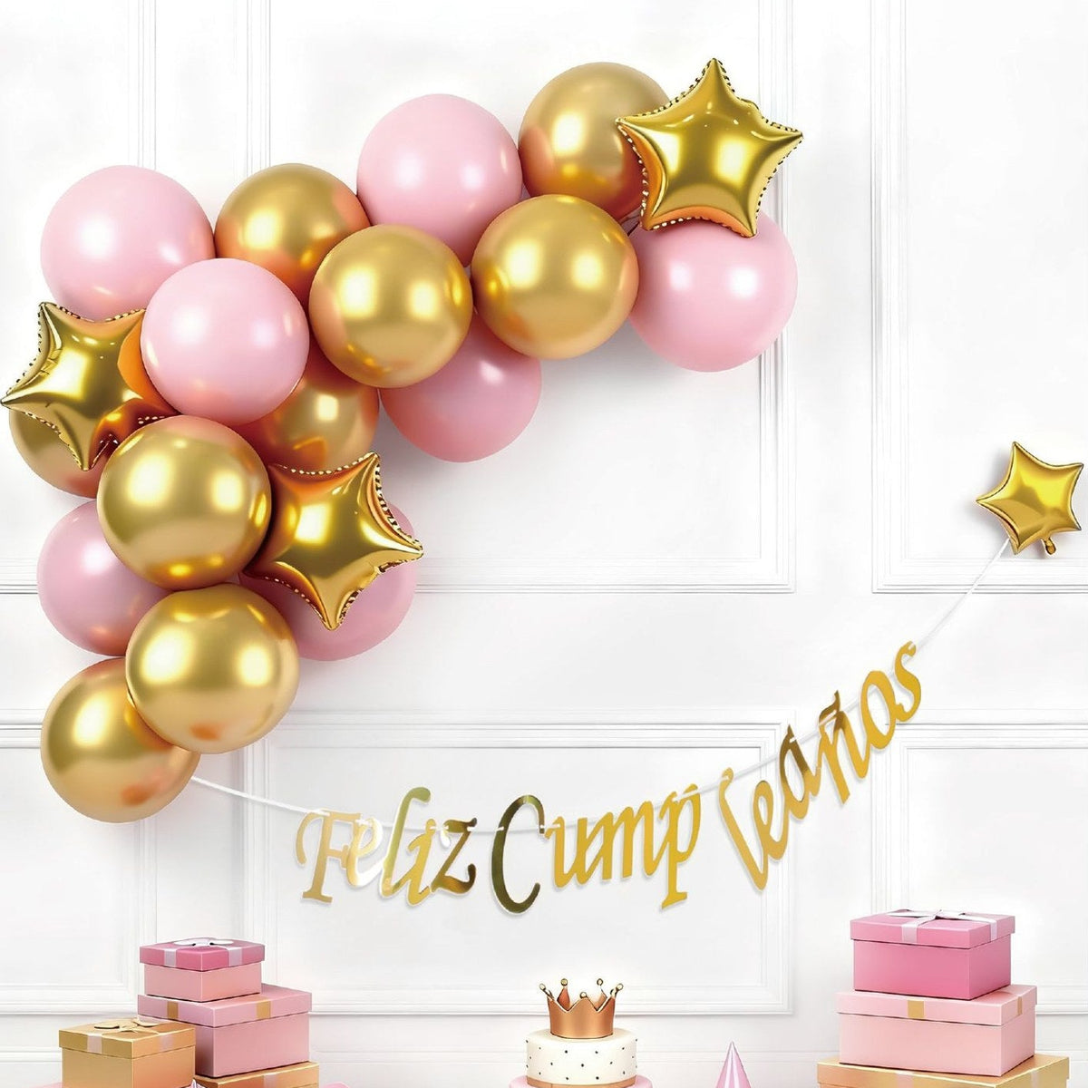 Set Guirnalda de Globos con Banner Feliz Cumpleaños 21 piezas - Rosa y oro