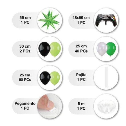 Set Arco de Globos Gamer Game On Verde, Negro y Plata 104 piezas