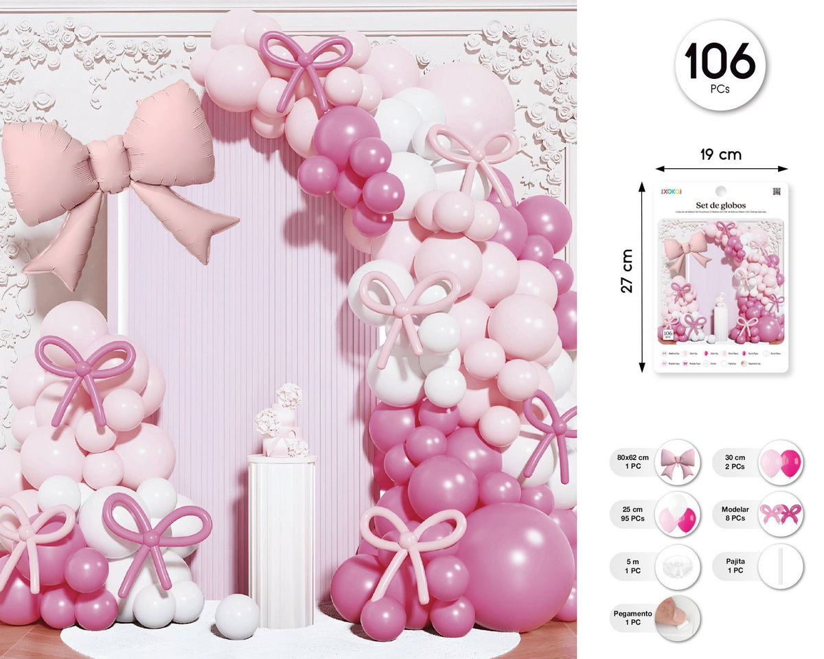 Set Arco de Globos Lazo Rosa y Blanco 106 piezas
