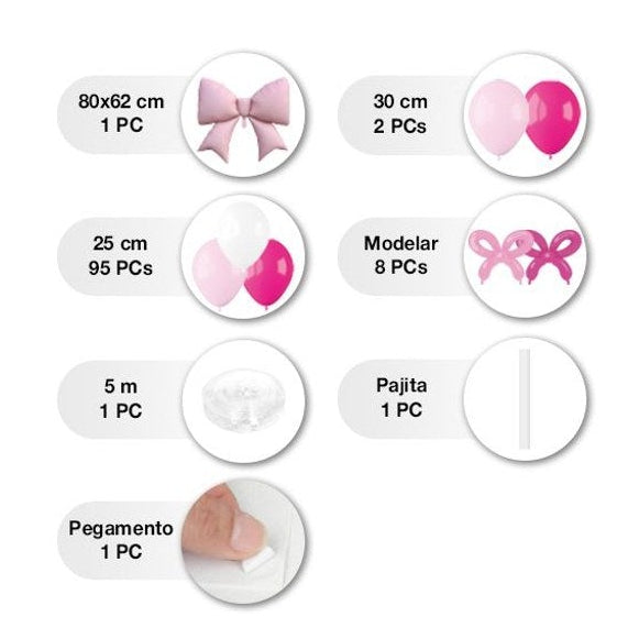 Set para montar un gran arco de globos en tonos rosa y blanco con un globo foil de lazo y lazos de globos modelables