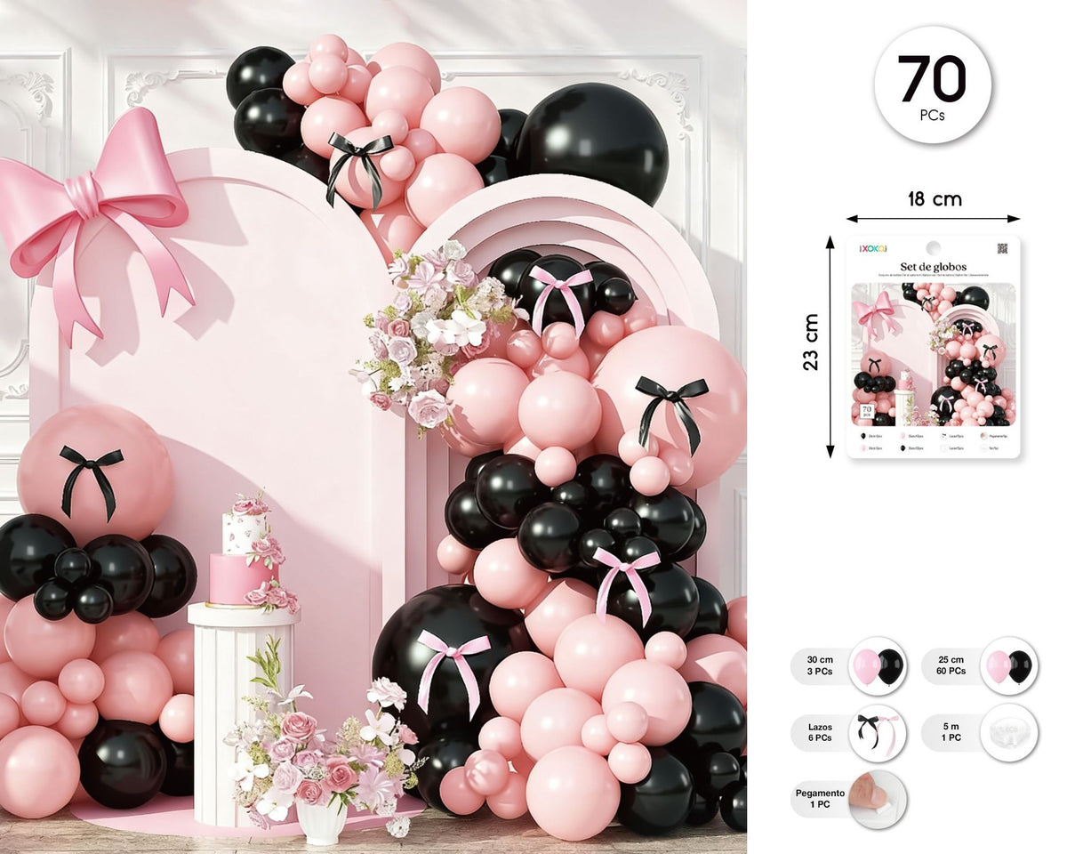 Set Arco de Globos Lazo Rosa y Negro 70 piezas