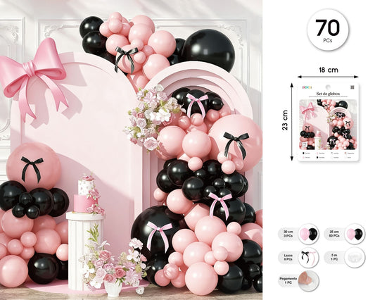Set Arco de Globos Lazo Rosa y Negro 70 piezas