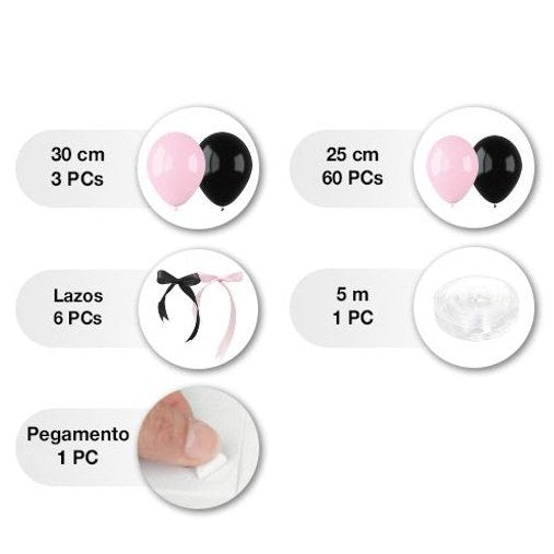 Set para montar un arco de globos en rosa y negro decorado con lazos, con un estilo elegante y coquette