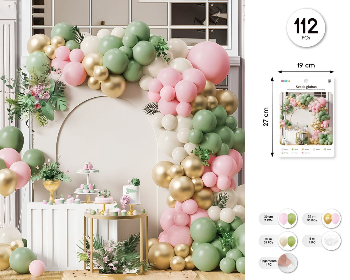 Set Arco de Globos Hadas Verde, Rosa y Oro 112 piezas