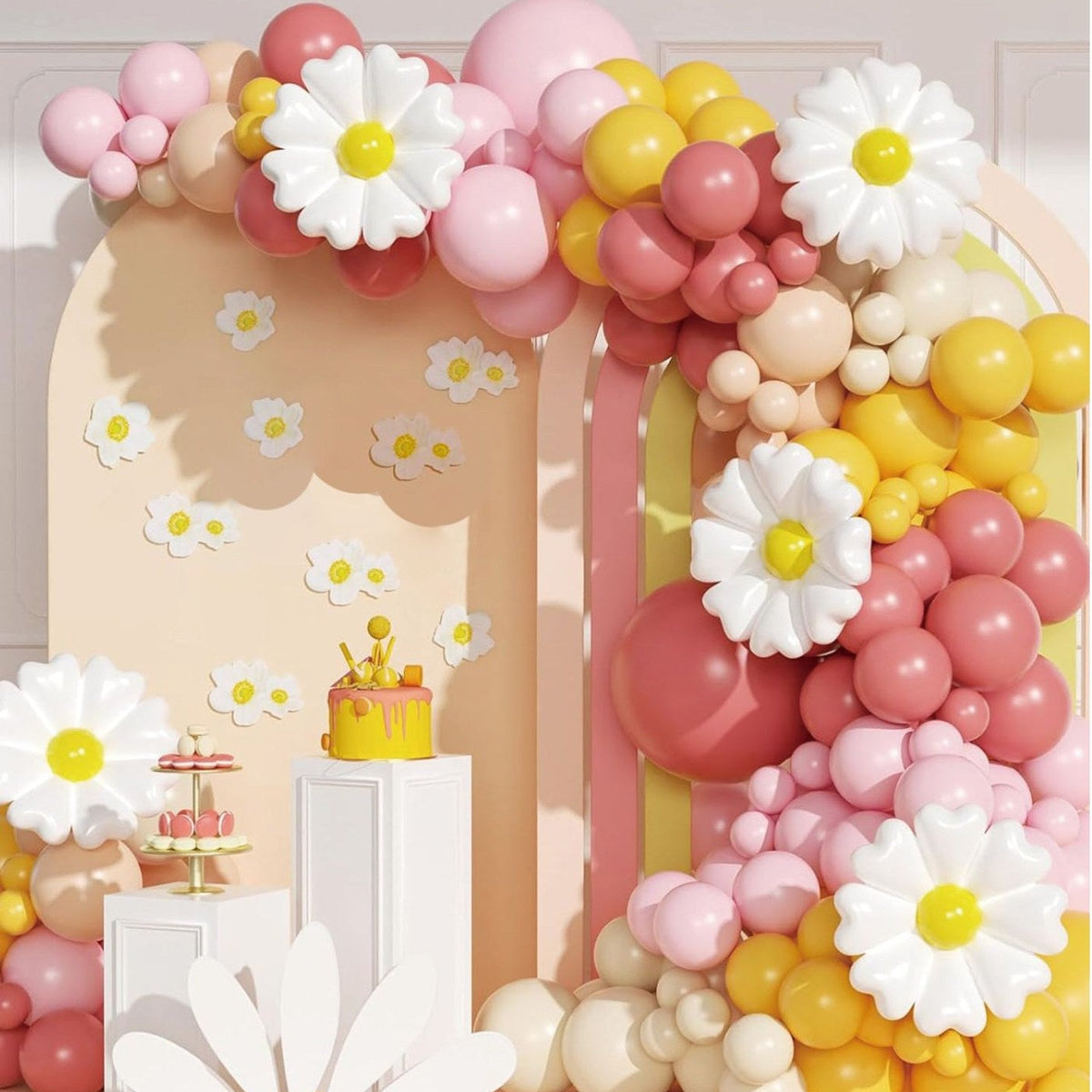 Set Arco de Globos Margaritas Rosa, Amarillo y Crema 103 piezas
