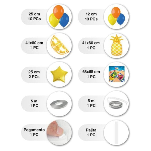 Set de decoración de cumpleaños con temática de frutas tropicales: póster de fondo con piña y sandía, globos metalizados en naranja, azul y amarillo y globos foil de piña, naranja y estrellas