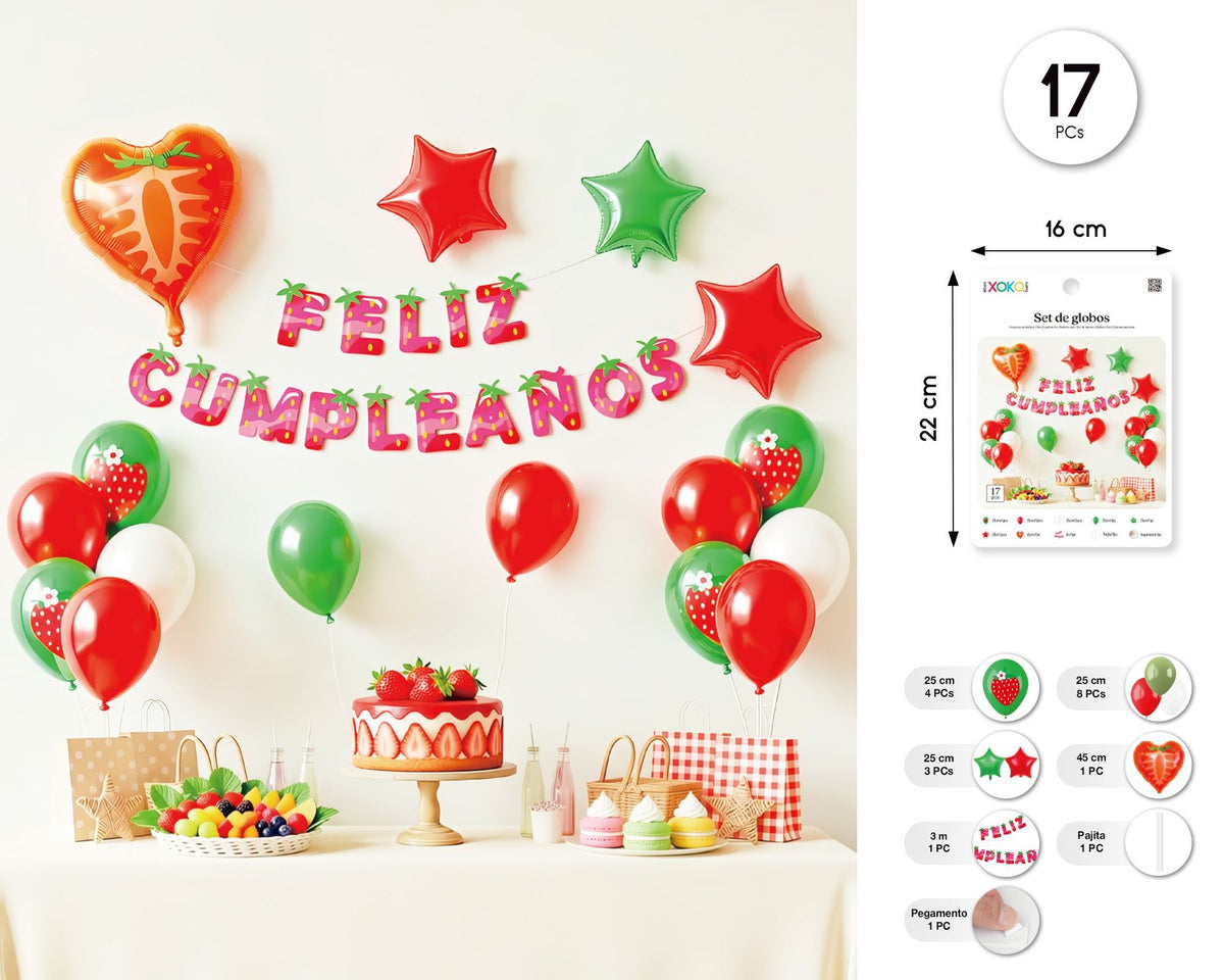 Set de decoración de cumpleaños con temática de fresas en rojo, verde y blanco, con globos estampados, estrellas foil, un globo foil de fresa y guirnalda «Feliz Cumpleaños»