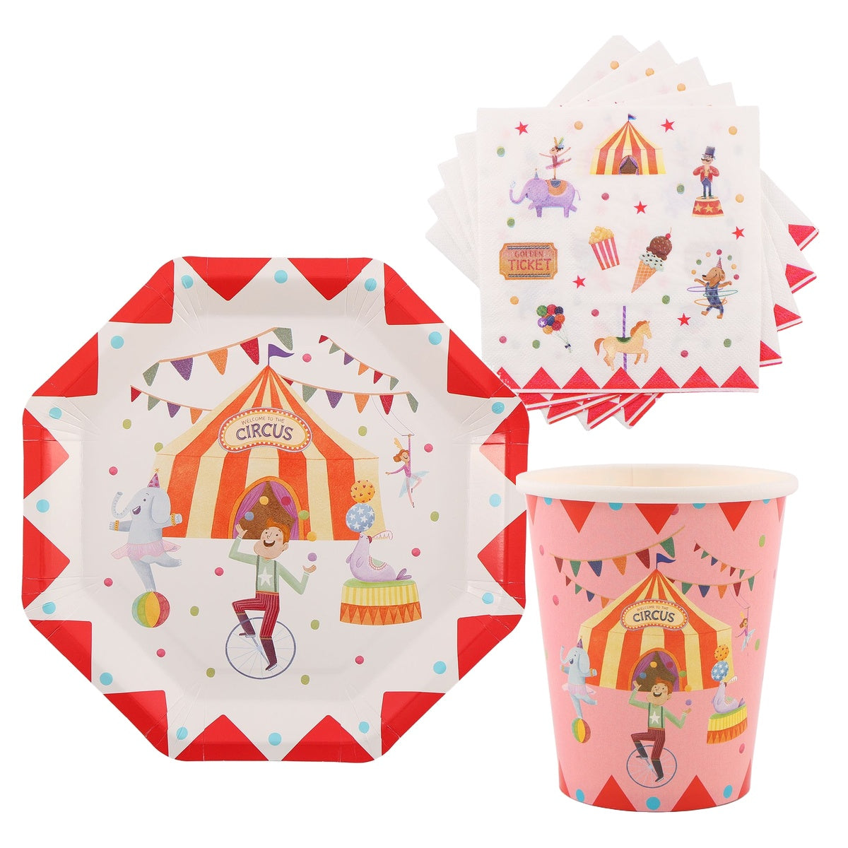 Set Vajilla Circo: Platos 6 uds, Servilletas 12 uds y Vasos 6 uds