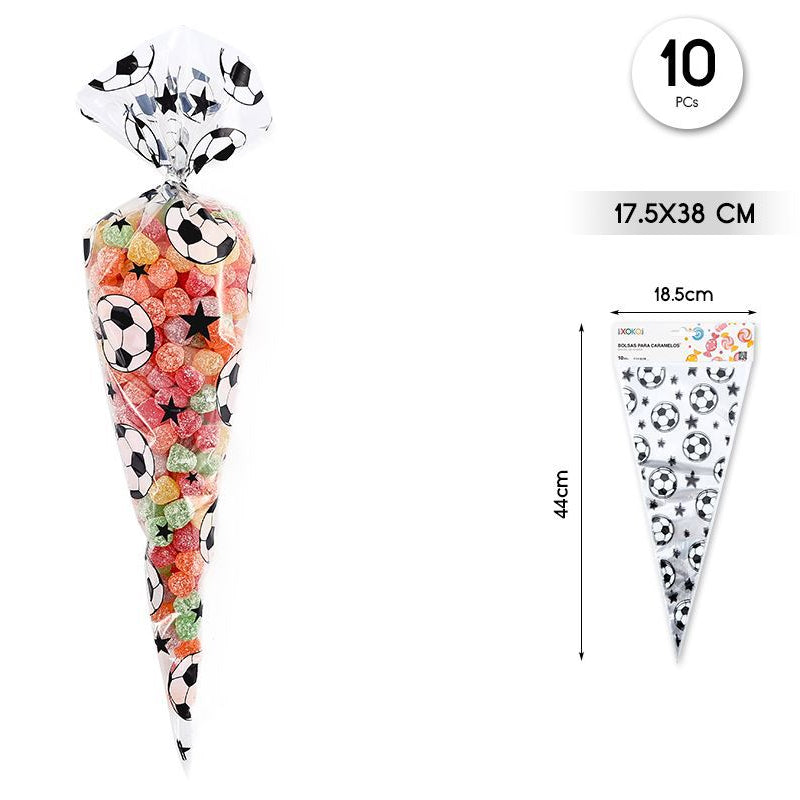Bolsas Cono Fútbol Balones y Estrellas 17,5 x 38 cm 10 uds (medidas)