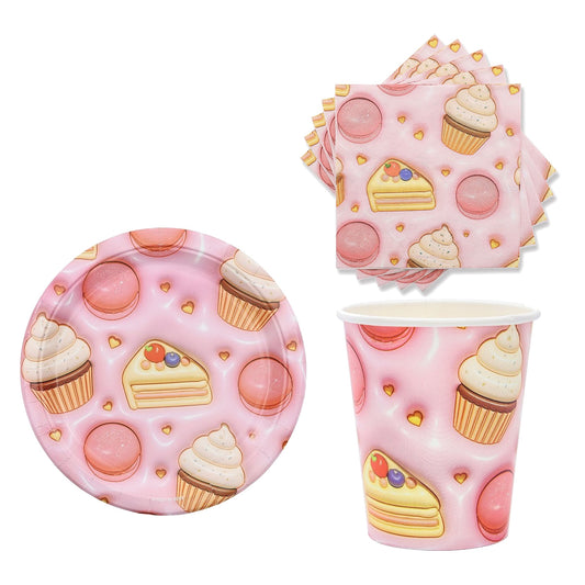 Set Vajilla Tarta Cupcakes y Macarons: Platos 6 uds, Servilletas 12 uds y Vasos 12 uds