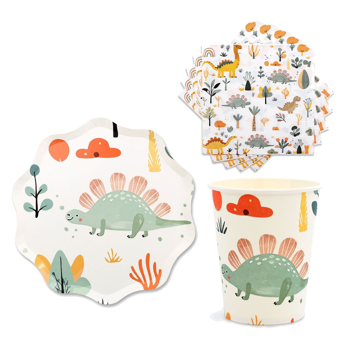 Set Vajilla Dinosaurios: Platos 6 uds, Servilletas 12 uds y Vasos 12 uds