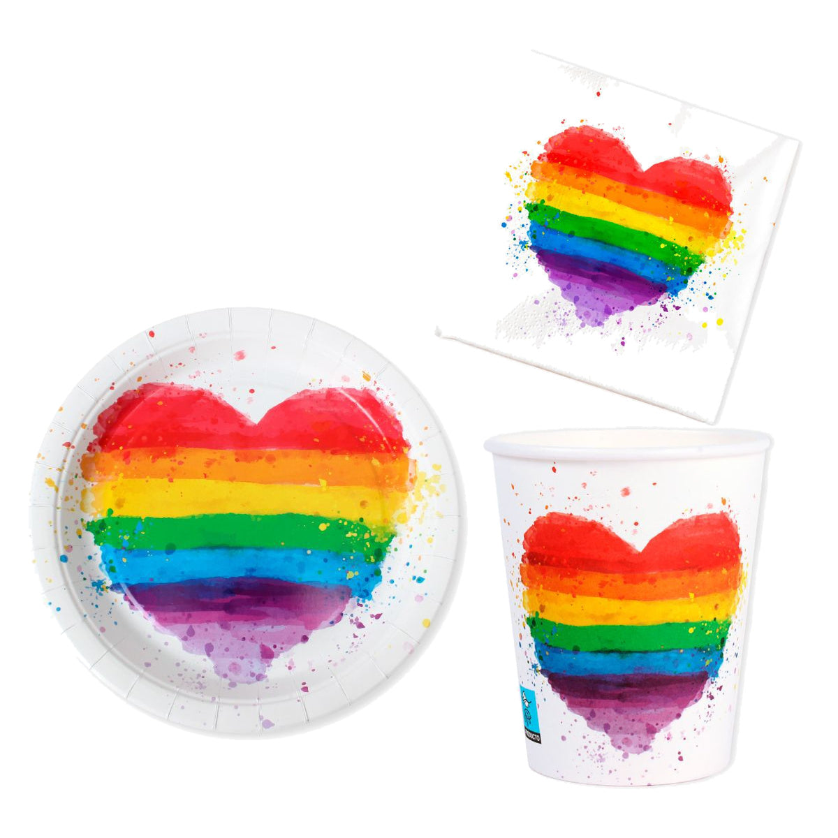 Set Vajilla Corazón Arcoíris: Platos 6 uds, Servilletas 12 uds y Vasos 12 uds