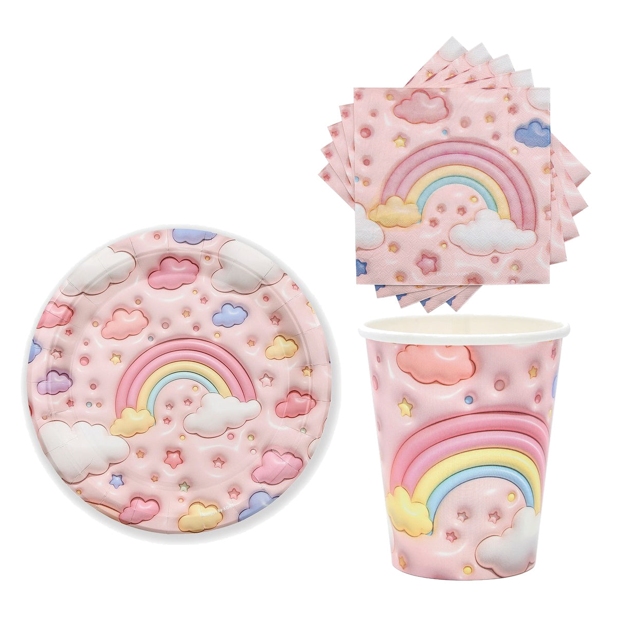 Set Vajilla Arcoíris y Nubes: Platos 6 uds, Servilletas 12 uds y Vasos 12 uds