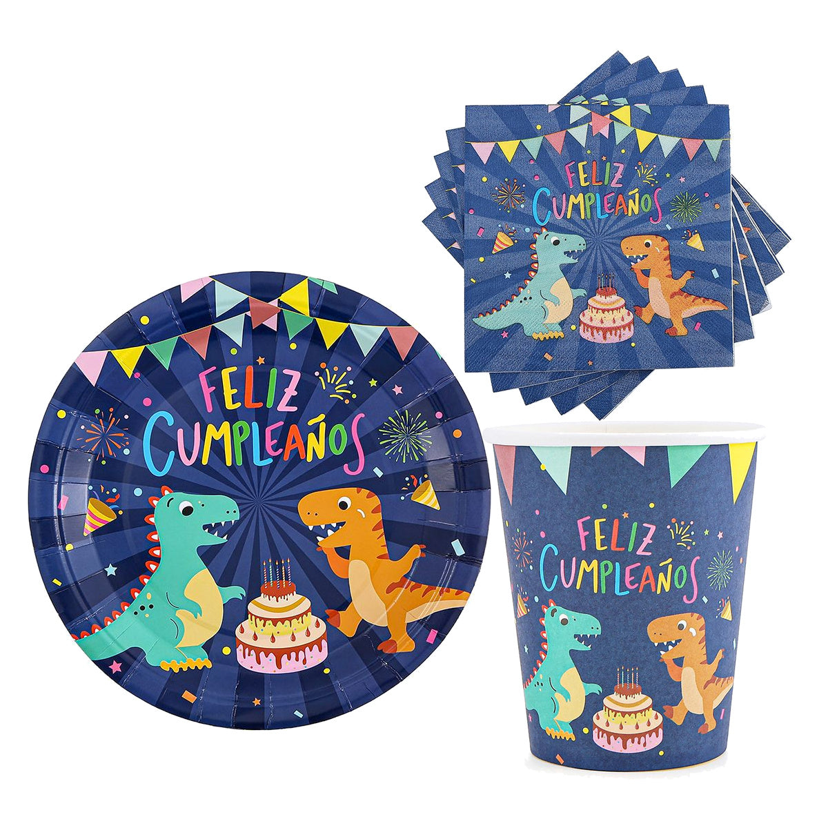 Set Vajilla Dinosaurios Feliz Cumpleaños Azul Marino: Platos 6 uds, Servilletas 12 uds y Vasos 12 uds