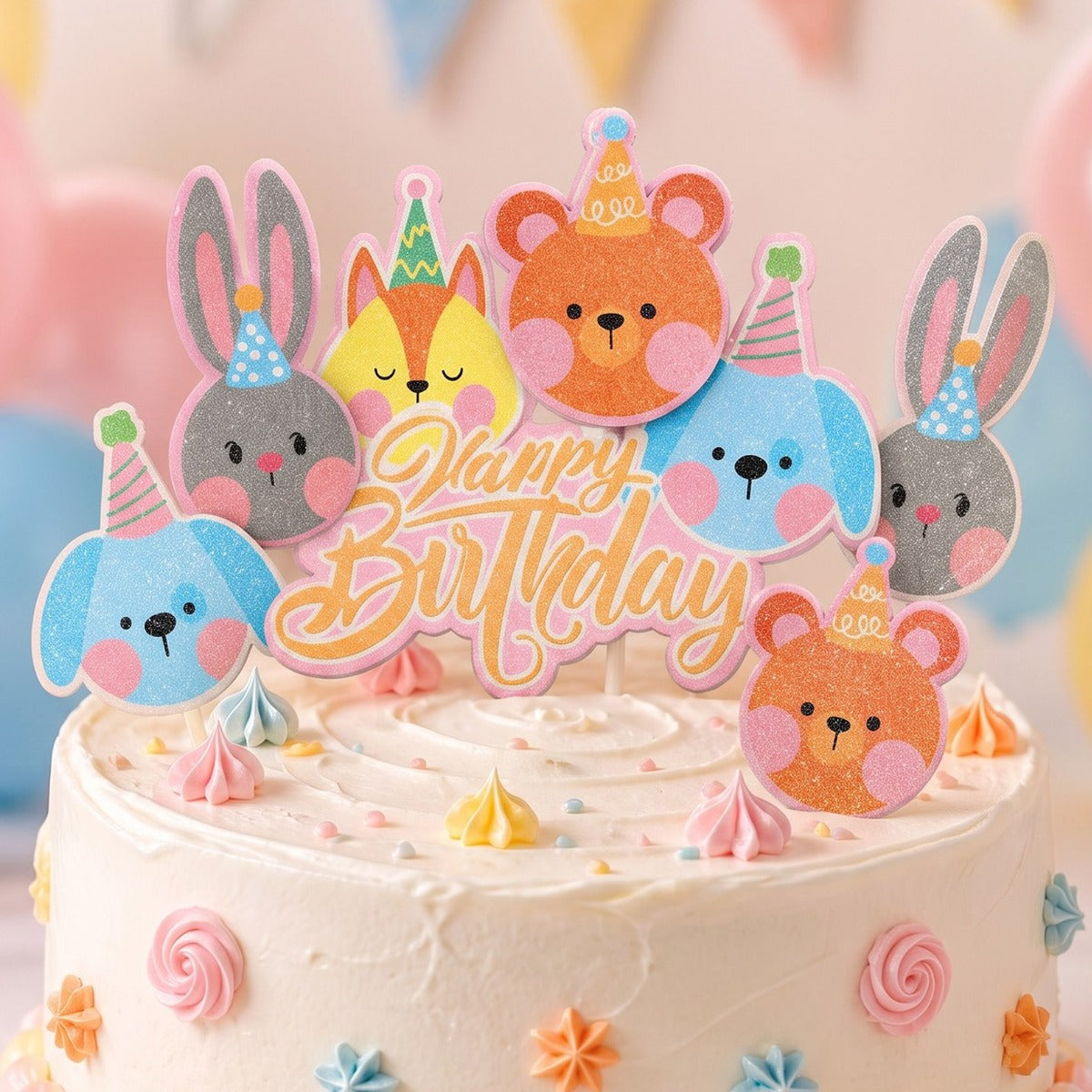 Topper Tarta Happy Birthday Animalitos 12 x 21 cm 4 uds